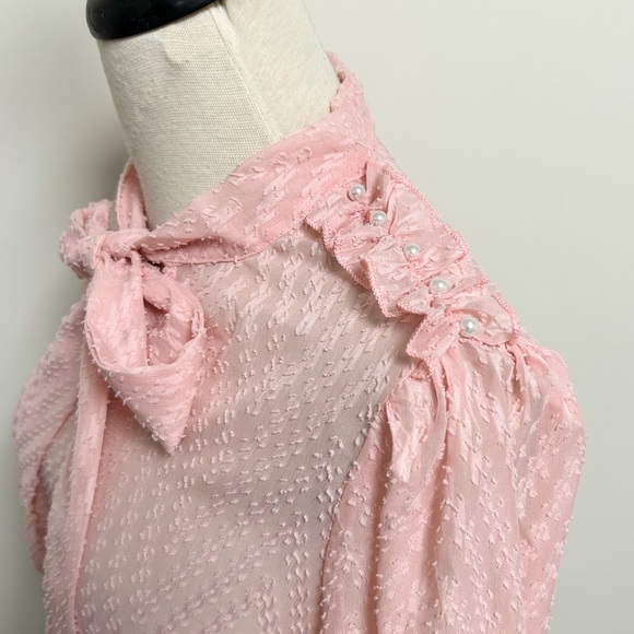 Shein Pink Sheer Chevron Faux Pearl Puff Flounce Sleeve Pussycat Bow Blouse 2XL - Picture 6 of 10